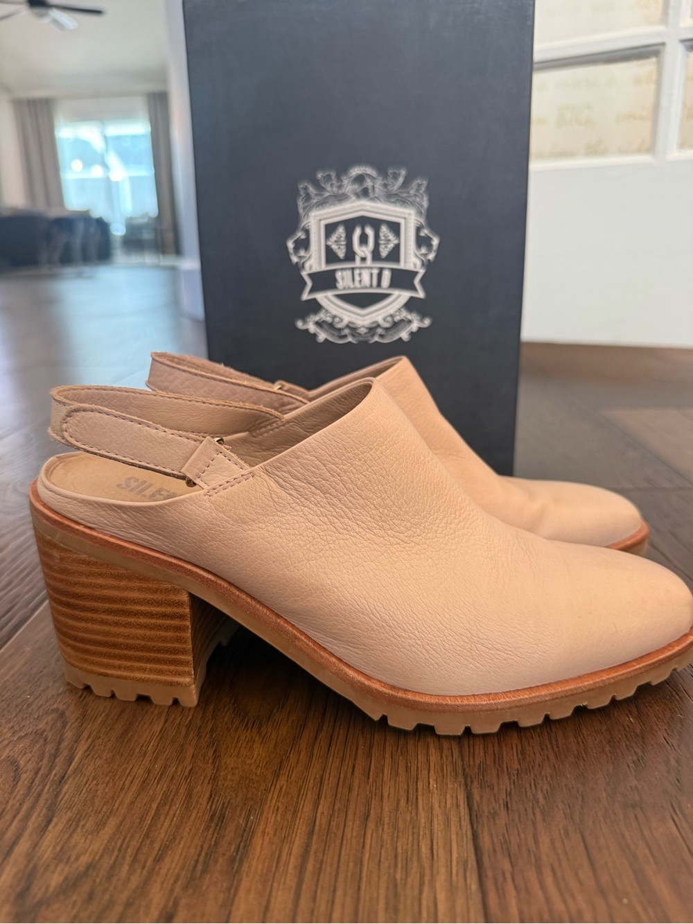 Silent D Sleek Nude Leather Slingback Block Heel Mules